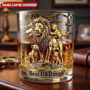Lion Dad And Kids - Personalized Whiskey Glass, Father's Day Gift For Dad, Grandpa