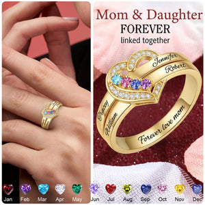 Custom Name Gemstones Jewelry Heart Shaped For Grandma Mom - Personalized Birthstone Heart Ring