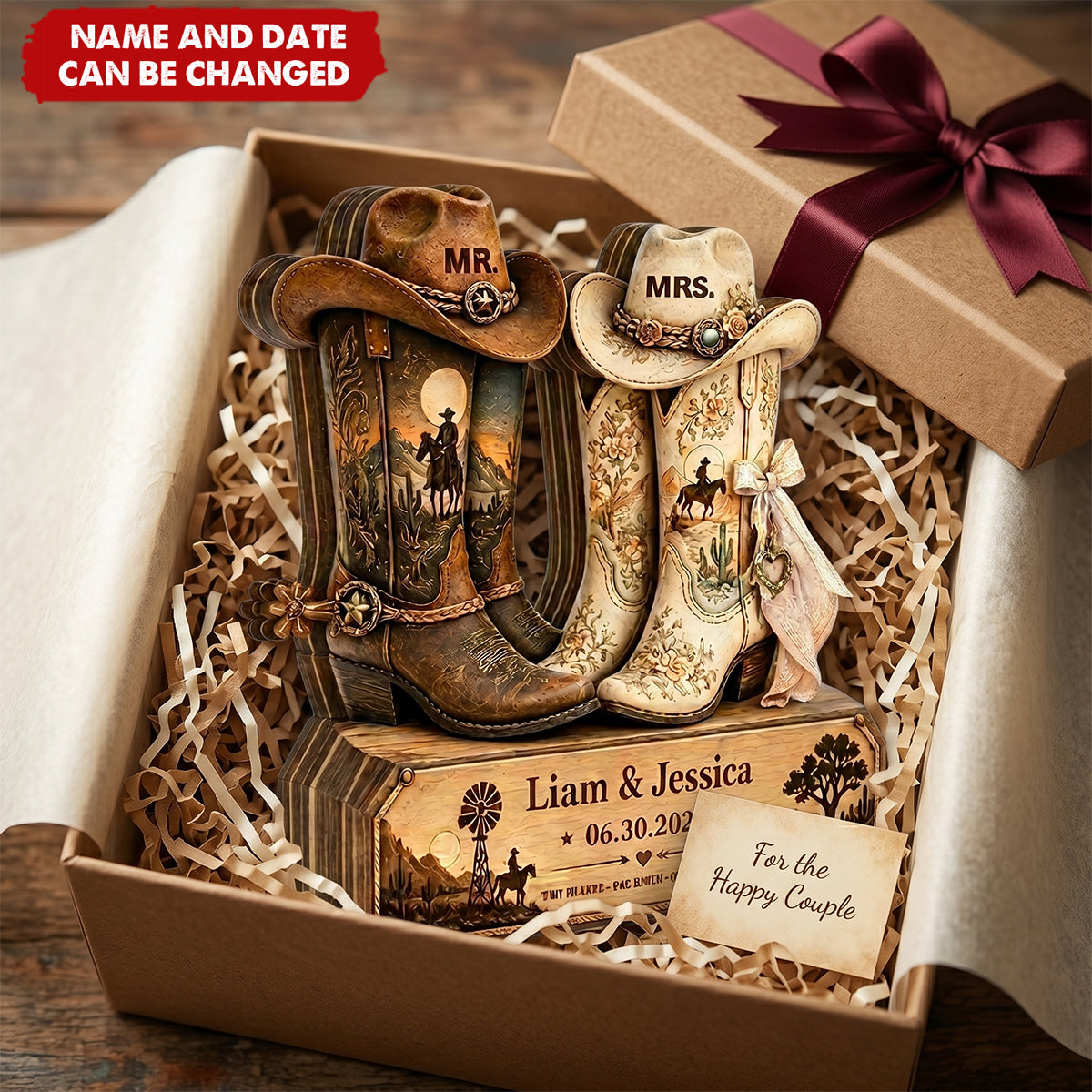 Rustic Wedding - Personalized Cowboy Boots Wooden Block