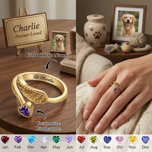 Memorial Your Loved One Family Loss Pet Loss - Personalized Wing And Heart Birthstone Ring