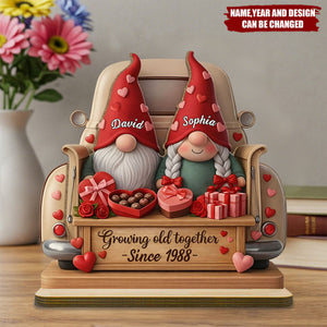 Growing Old Together With Gnomes, Hearts, And Roses - Personalized Standing Wooden Plaque
