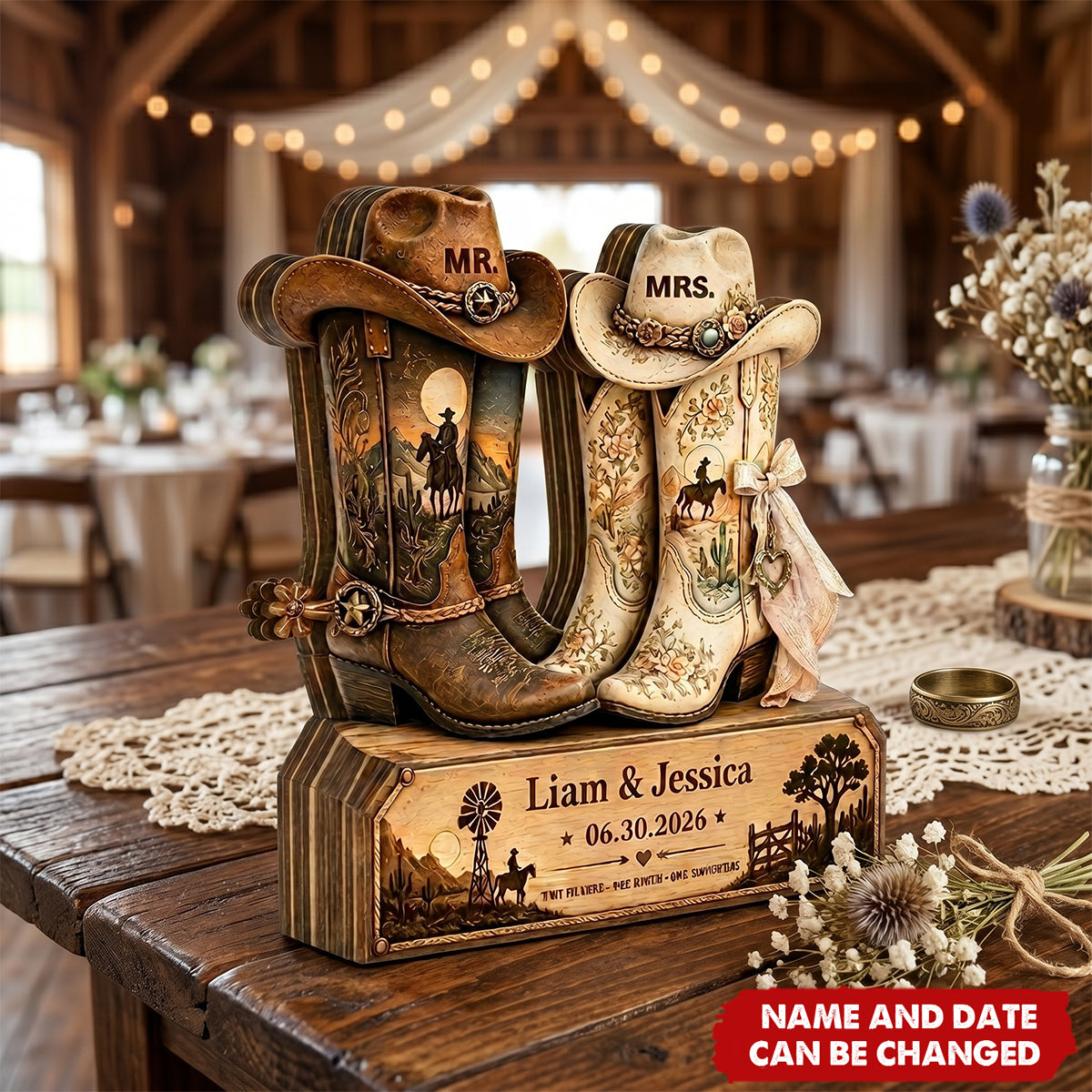 Rustic Wedding - Personalized Cowboy Boots Wooden Block