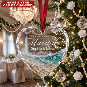 Our First Christmas Married - Personalized Glass Heart Ornament