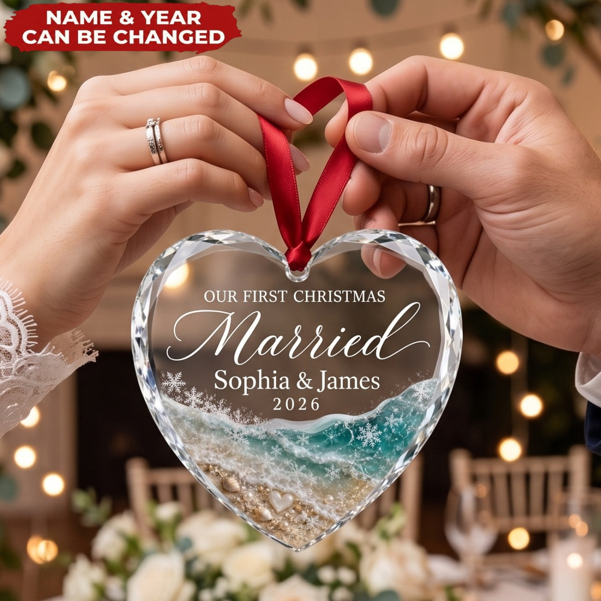 Our First Christmas Married - Personalized Glass Heart Ornament