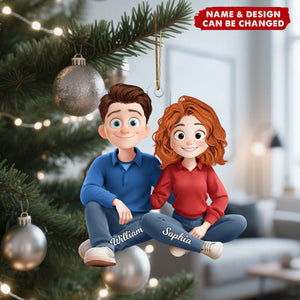 New Version Cartoon Couple Sitting - Personalized Acrylic Ornament