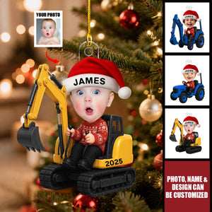 Custom Photo Little Boy Kid With Car Excavator Backhoe Tractor Christmas Personalized Acrylic Ornament
