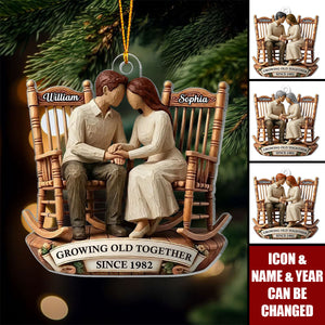 Couple Sitting On Rocking Chairs Faux Wood - Personalized Acrylic Ornament - Heartwarming Christmas Gift