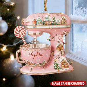 Personalized Pink Stand Mixer Ornament: Gingerbread House Design, Custom Name Baker Gift