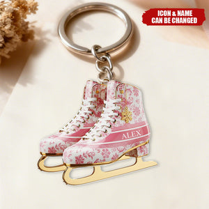 Personalized Winter Skating Toile de Jouy Acrylic Keychain, Gifts For Ice Skating Lovers, Winter Skating Decor