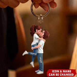 Romantic Hugging kissing Couple - Personalized 2-Layered Acrylic Keychain