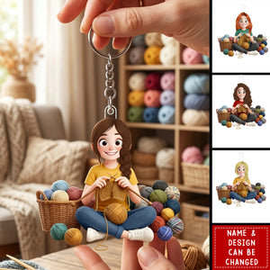 Personalized Acrylic Keychain - Cartoon Crochet Knitting Girl Hobby Keepsake