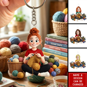 Personalized Acrylic Keychain - Cartoon Crochet Knitting Girl Hobby Keepsake