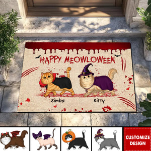 Happy Meowloween Spooky Walking Cat Personalized Doormat, Halloween Decor