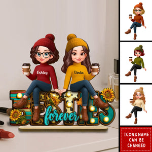 Western Fall Vibe Besties Sitting Personalized Standing Wooden Plaque, Fall Gift for Best Friends