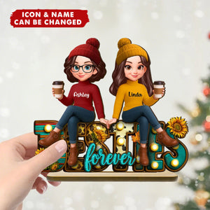 Western Fall Vibe Besties Sitting Personalized Standing Wooden Plaque, Fall Gift for Best Friends