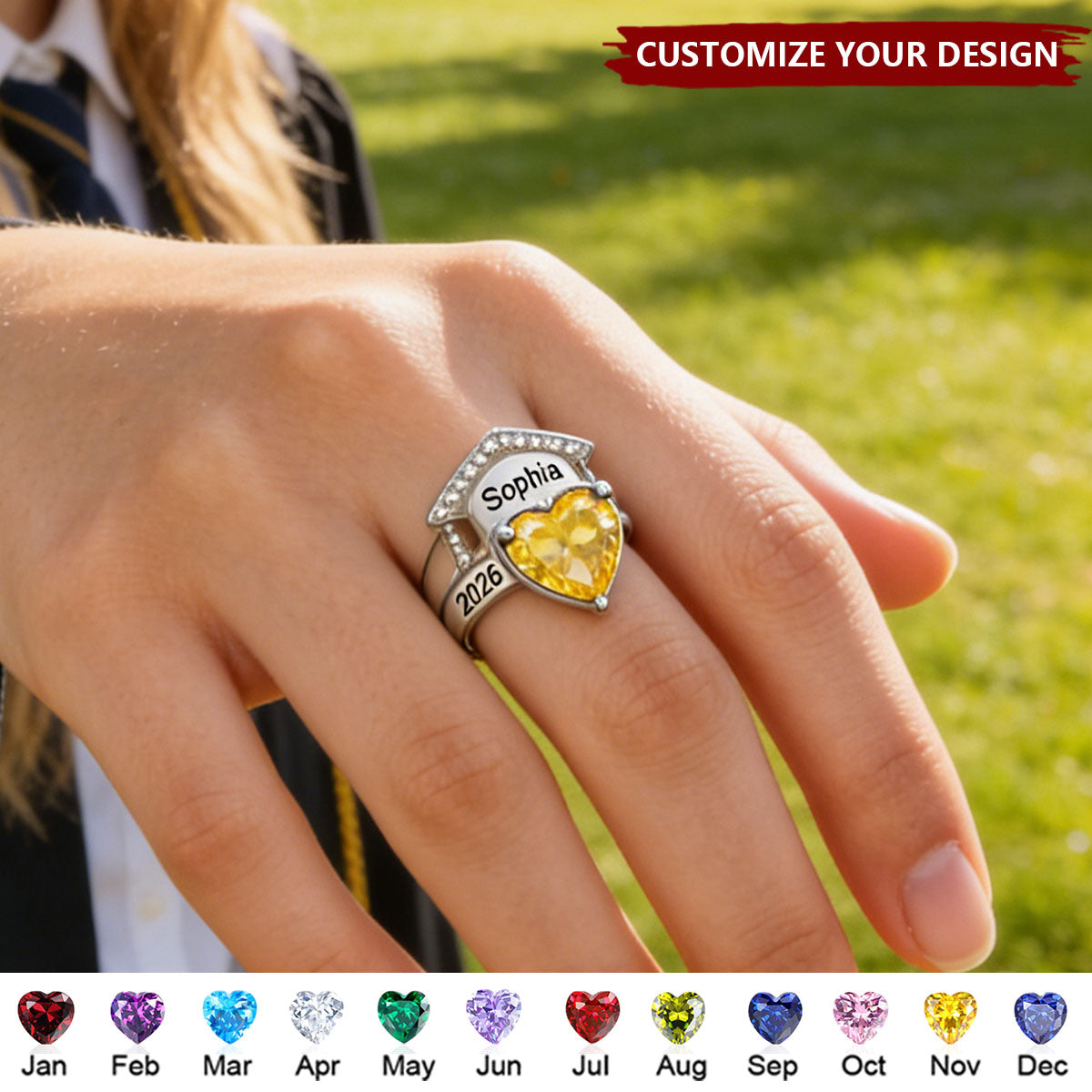 Personalized Zircon Grad Cap Heart Birthstone Ring - Graduation Gift For Graduates