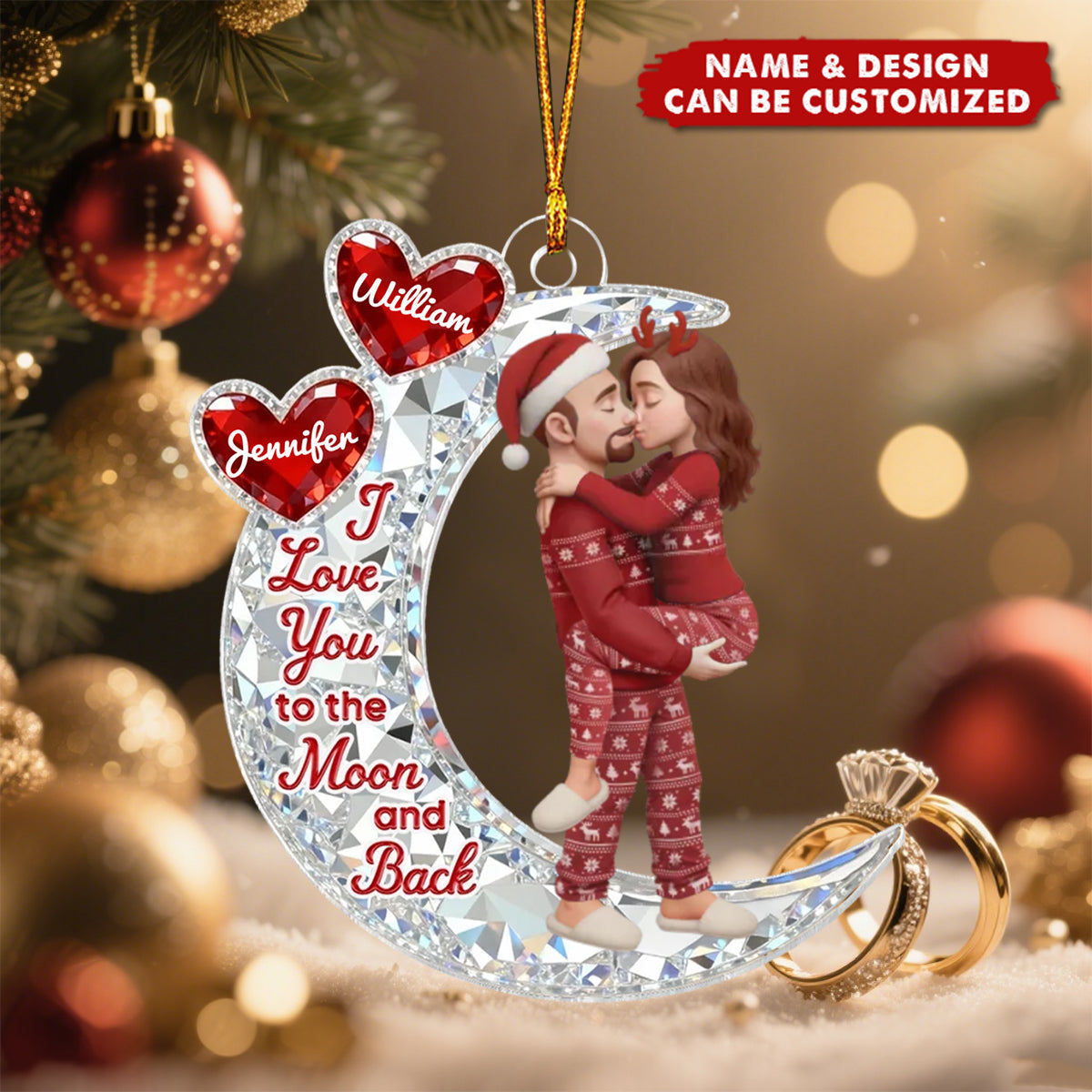 3D Crystal Effect Couple Hug On Moon - Personalized Acrylic Ornament - Gift For Couple, Gift For Him, For Her