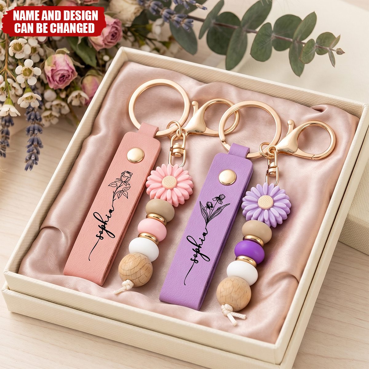 Daisy Charm & Floral Line Art - Personalised PU Leather Keychain