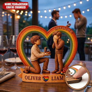 Pride Engagement Art – Personalized Wooden 4-Layer Block, Unique 2D Layered Home Decor