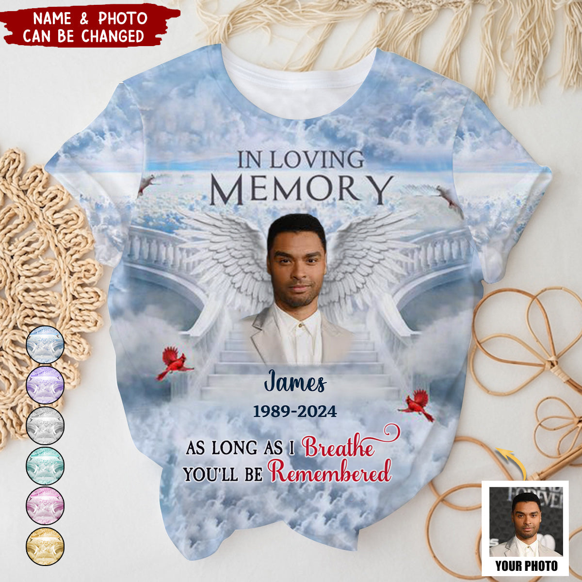 Memorial Upload Photo Wings Heaven, In Loving Memory A Big Piece Of My Heart Lives In Heaven Personalized 3D T-Shirt