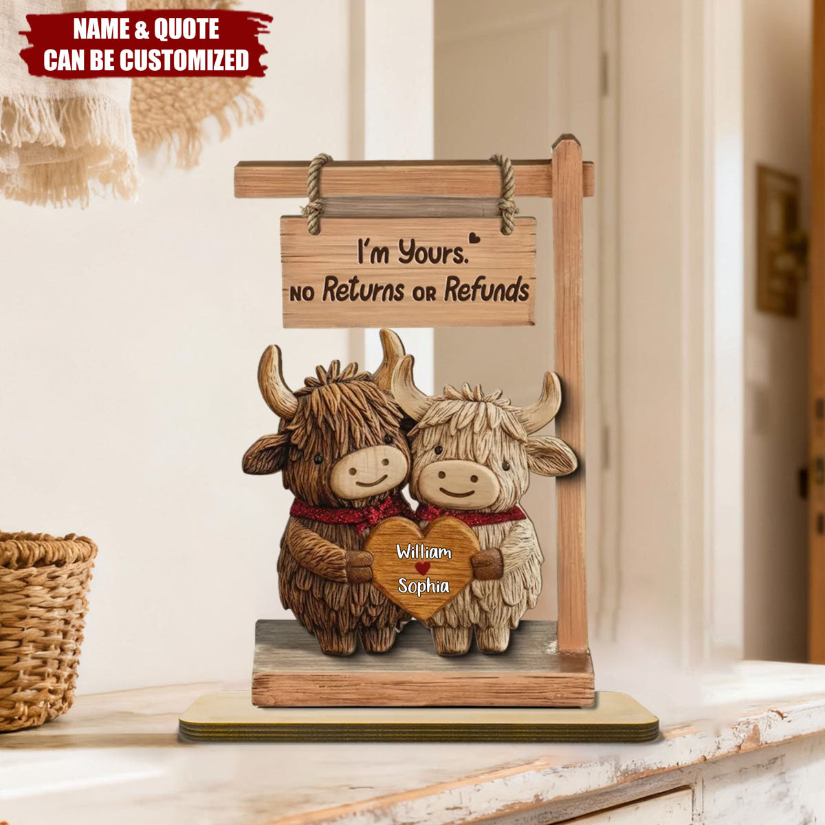 Highland Cows Couple - Personalized 2-Layered Wooden Plaque - Valentine's Day Gift For Him, Gift For Her