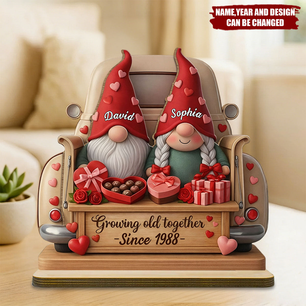 Growing Old Together With Gnomes, Hearts, And Roses - Personalized Standing Wooden Plaque
