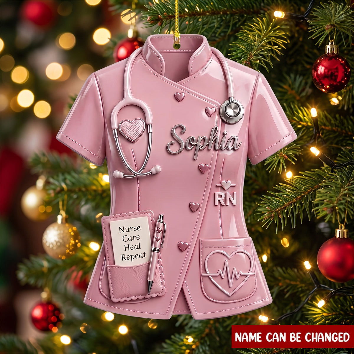 Personalized Nurse Christmas Ornament, Custom Name Scrub Top Decor, Pink RN Medical Keepsake