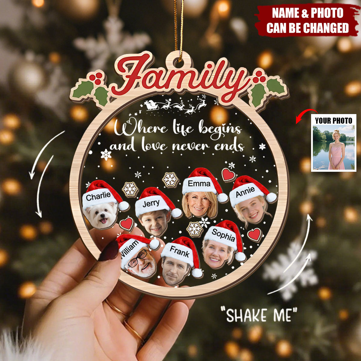 Personalized Family Face Shaker Christmas Ornaments - Custom Name Ornament