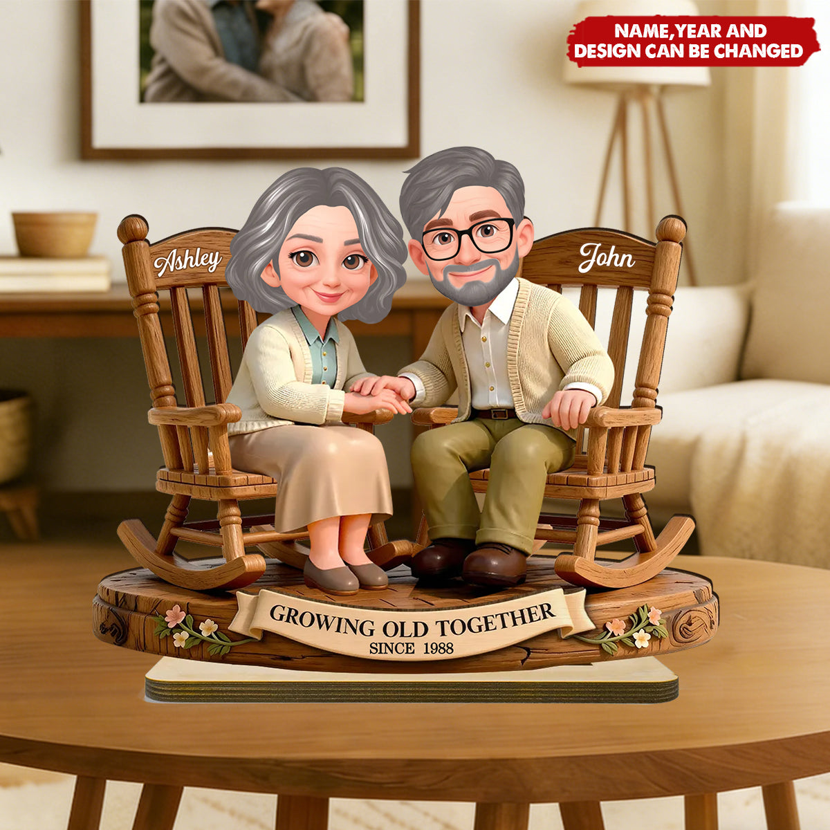 Eternal Love Couple On Rocking Chairs Growing Old Together - Personalized 2-Layered Wooden Plaque