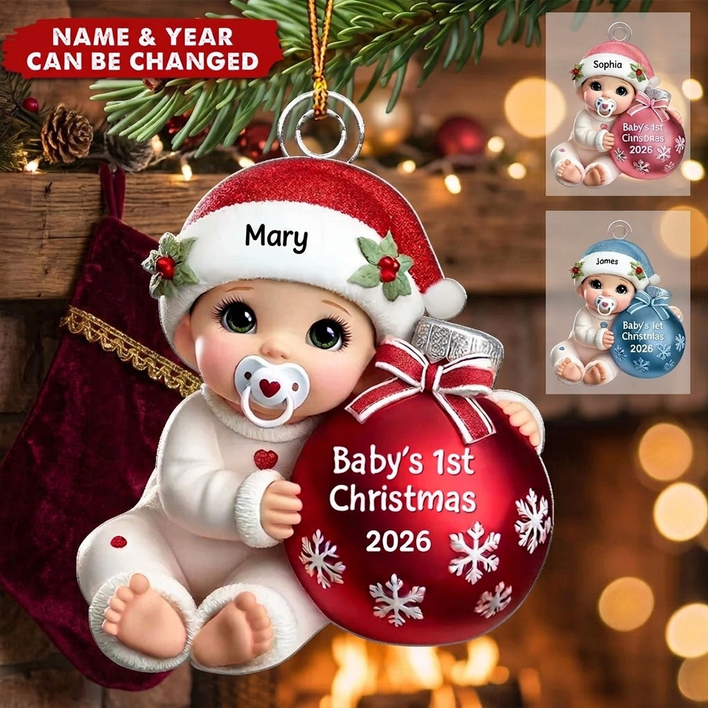 Baby Beside Christmas Bauble 3D Effect Baby's First Christmas Personalized Acrylic Flat Ornament