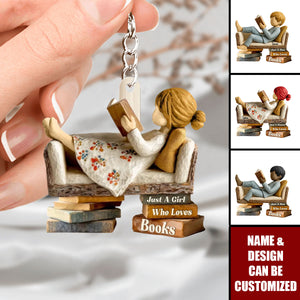 Man Woman Reading Book On Sofa - Personalized Acrylic Keychain, Gift For Book Lover, Bookworm