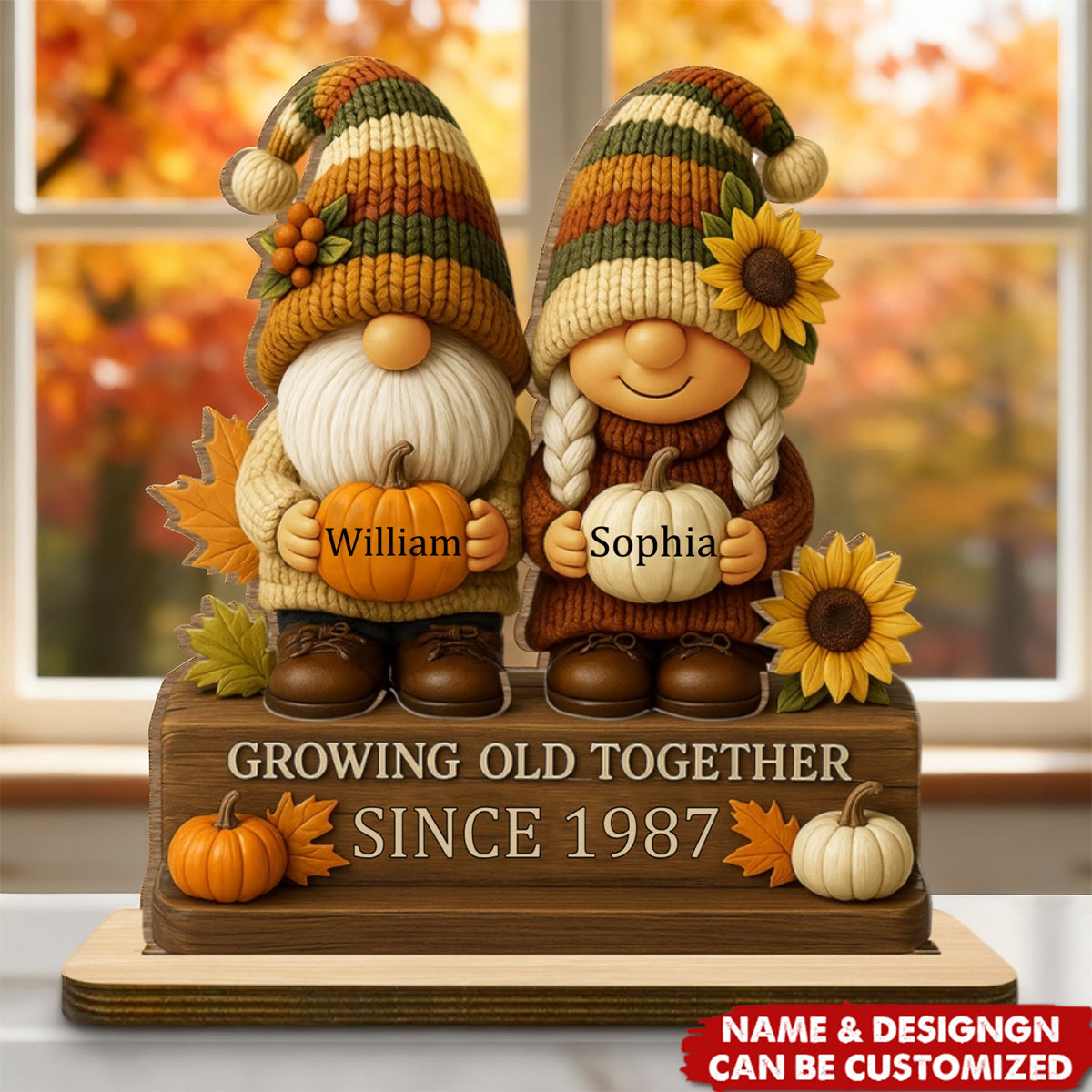 Growing Old Together, Gnome Couple With Sunflowers And Pumpkins - Personalized Standing Wooden Plaque