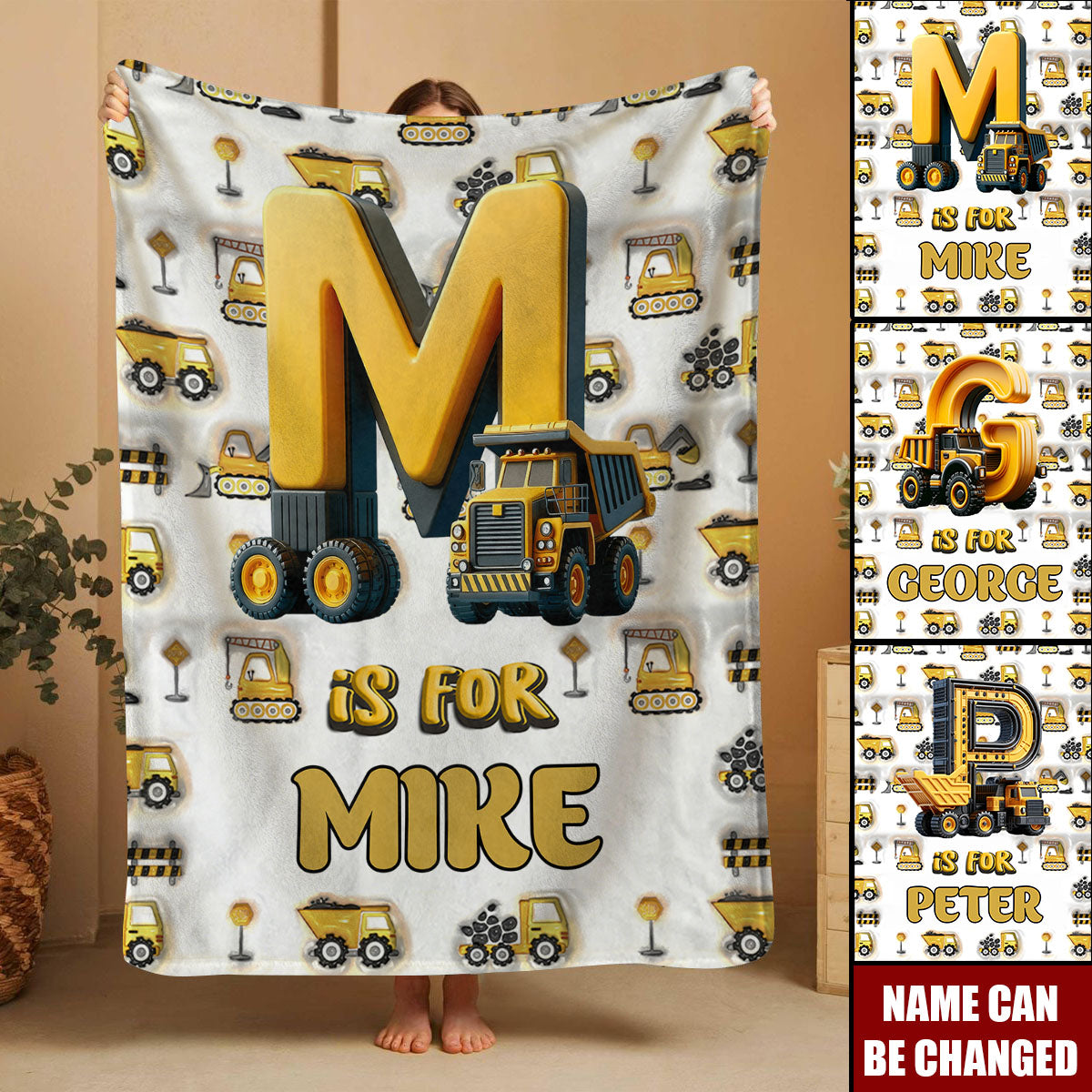 Construction Vehicle Letters - Personalized Kid Blanket