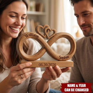 Personalized Infinity Heart Wooden Block: Custom Couple Names Anniversary Desk Sign