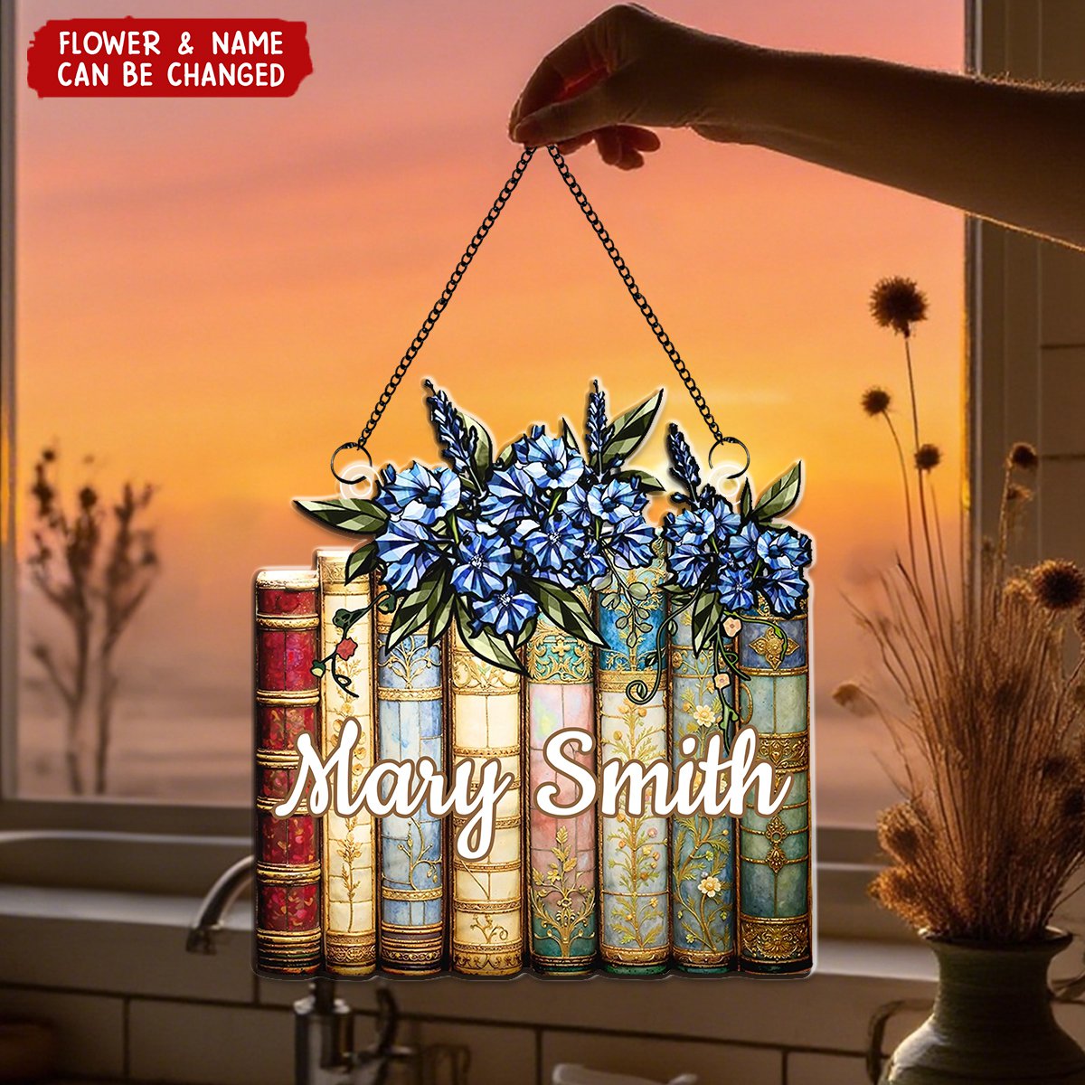 Birth Flower Reading Book Stack Stained Glass Effect - Personalized Window Hanging Suncatcher Ornament