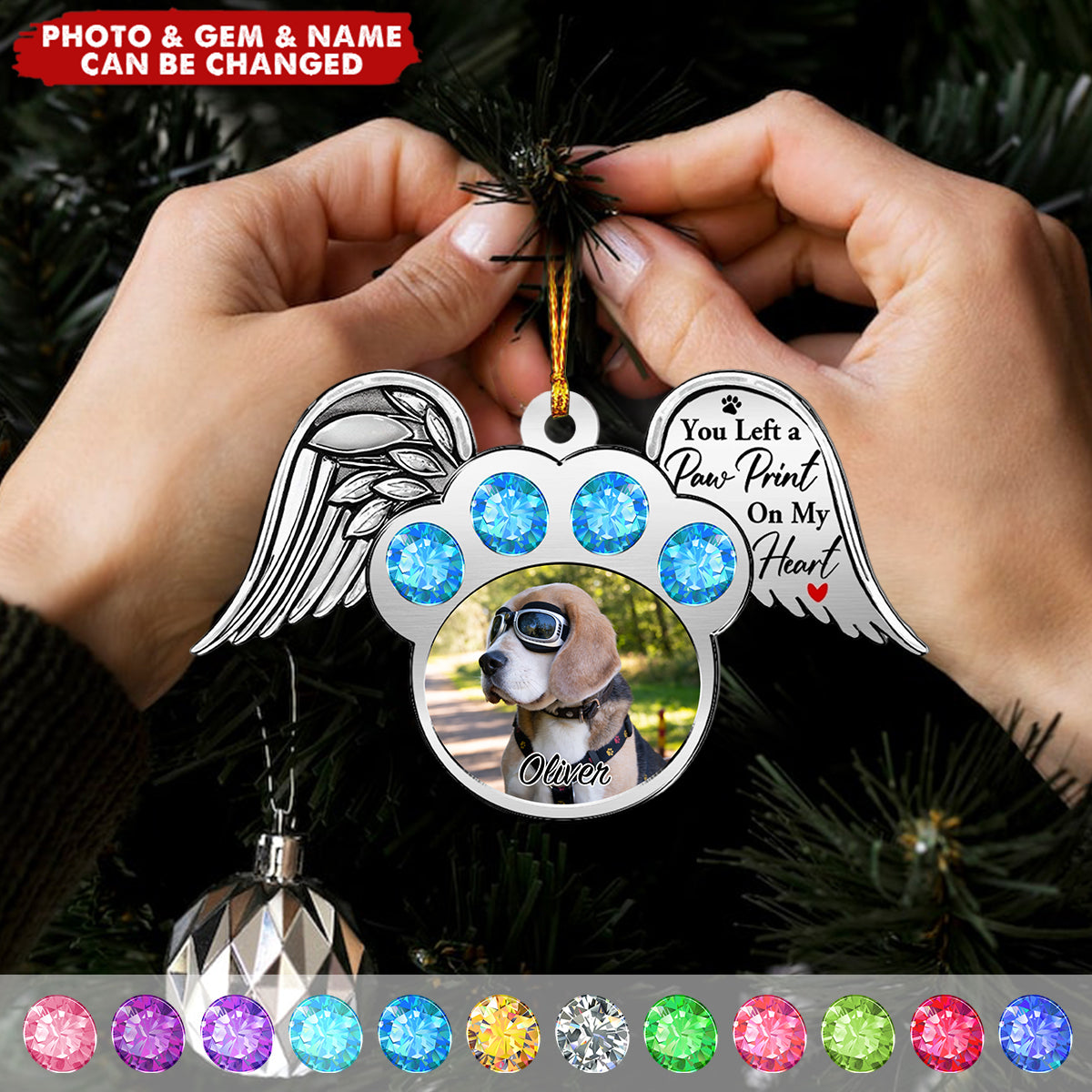 Custom Photo You Left A Paw Print On My Heart Printed Gemstones - Personalized Metal Ornament