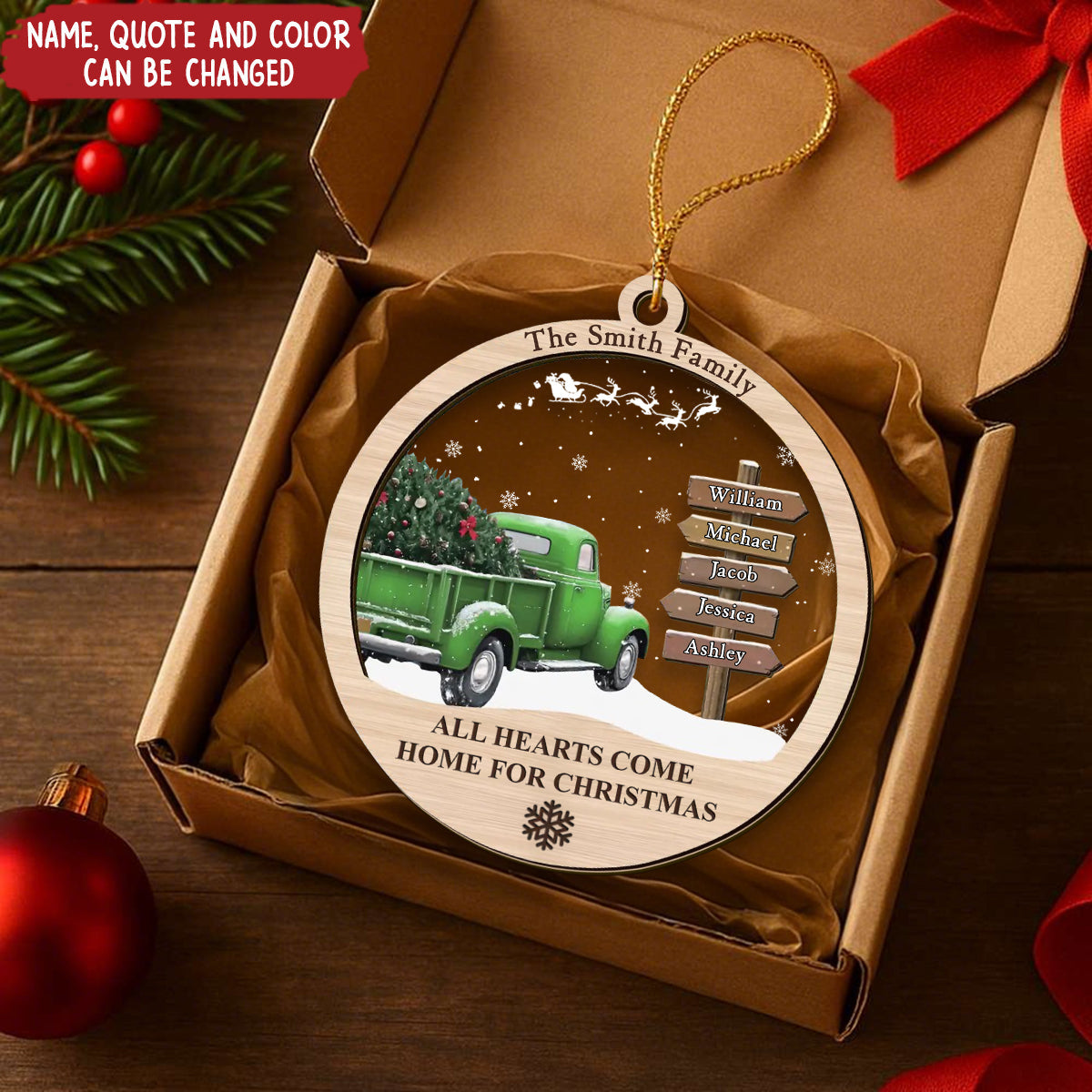 Family Post Sign Christmas Truck - Personalized 2-Layered Mix Ornament