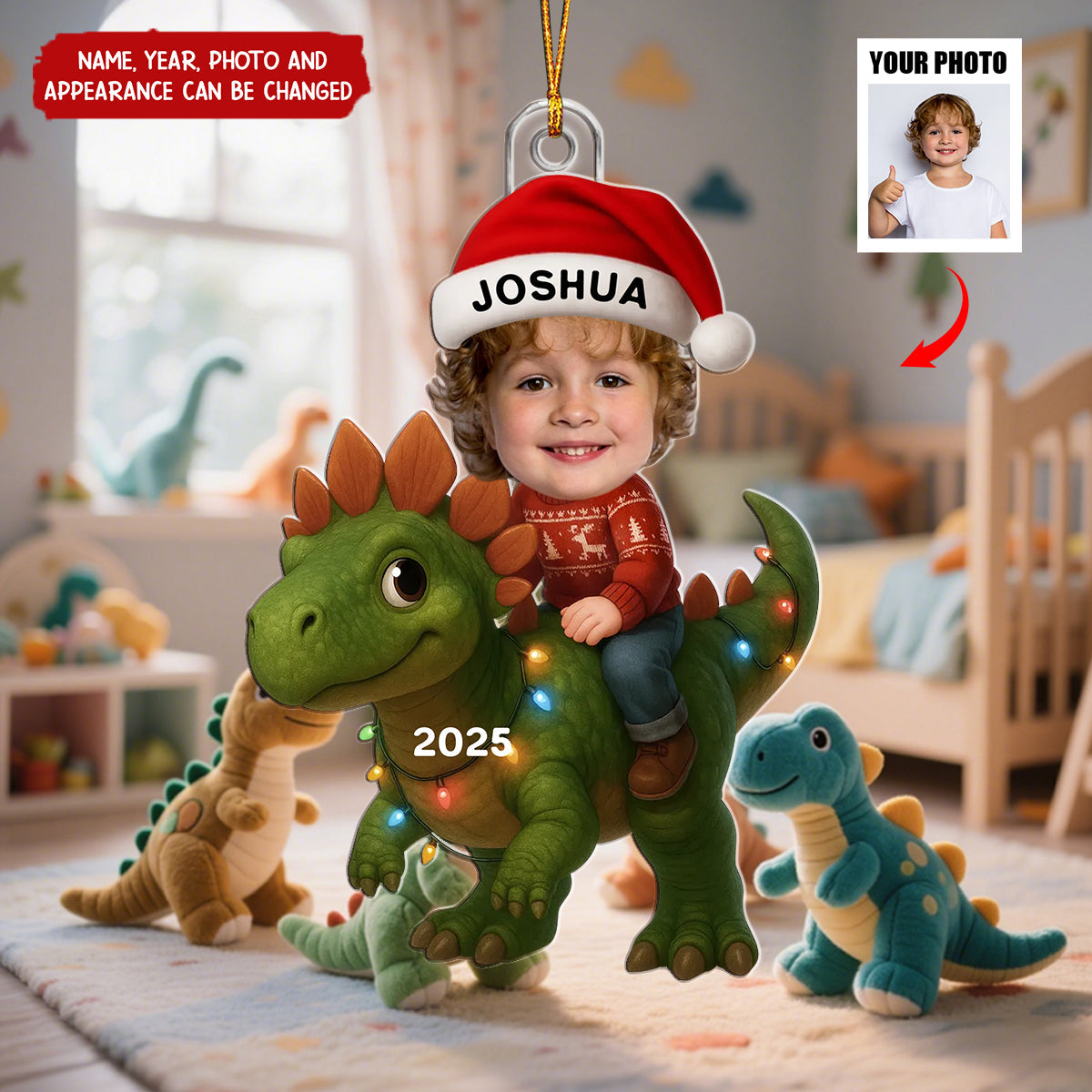 Custom Kid Face With Dinosaur - Personalized Christmas Acrylic Ornament