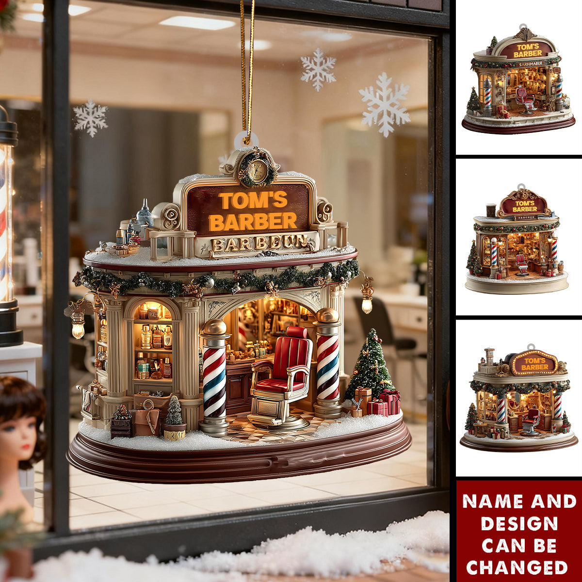 Red Chair & Barber Poles - Personalized Christmas Acrylic Ornament