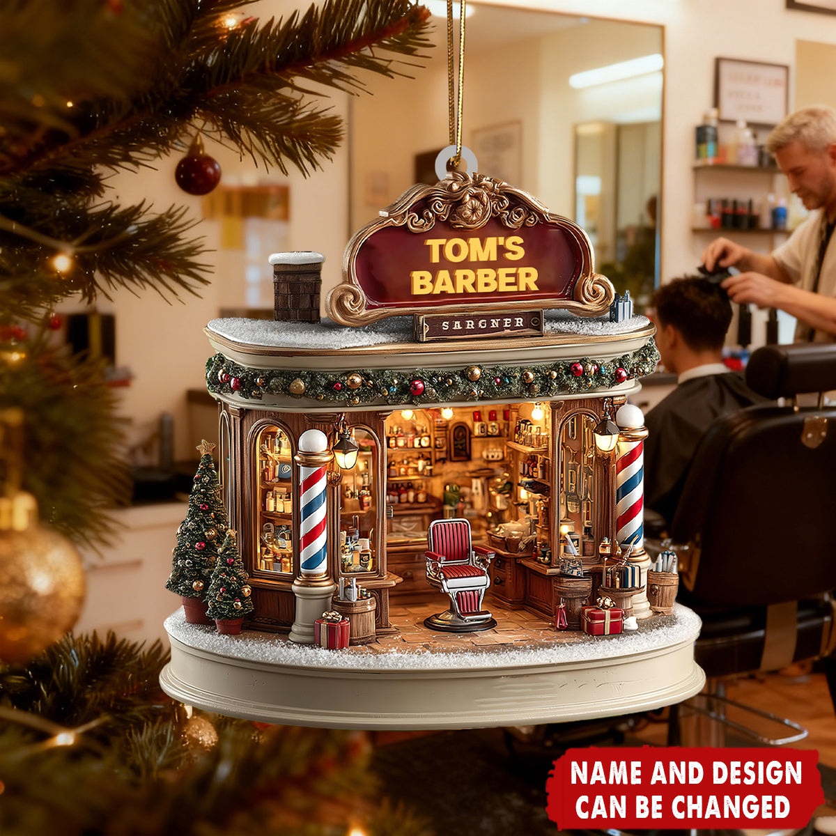 Red Chair & Barber Poles - Personalized Christmas Acrylic Ornament