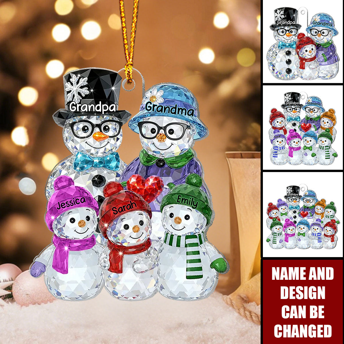 Grandparents And Grankids Snowman Pattern Crystal - Personalized Christmas Acrylic Ornament