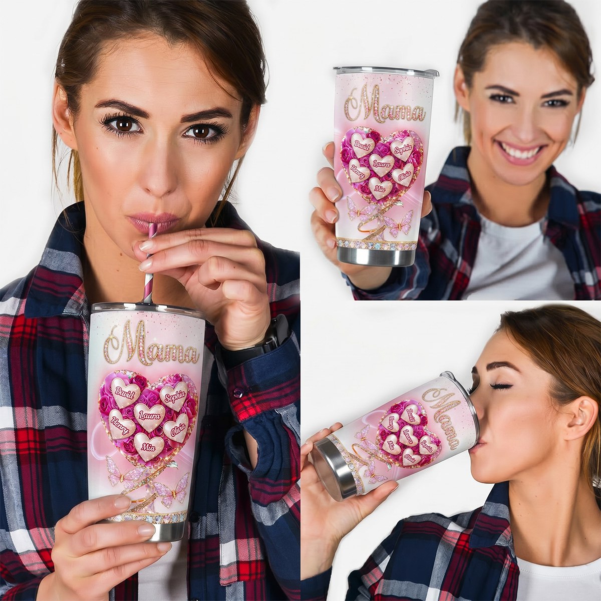 Heart Rose Flower Grandkids - Personalized Stainless Steel Tumbler