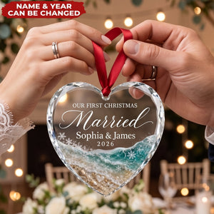 Our First Christmas Married - Personalized Glass Heart Ornament