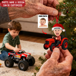 Custom Photo Little Boy Kid With Car Excavator Backhoe Tractor Christmas Personalized Acrylic Ornament