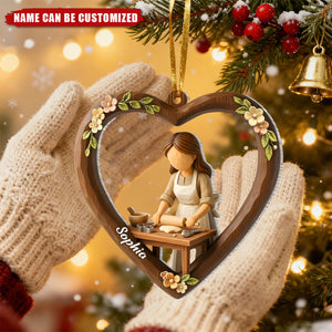 Girl Baking - Personalized Acrylic Heart Ornament, Gift for Baking Lover