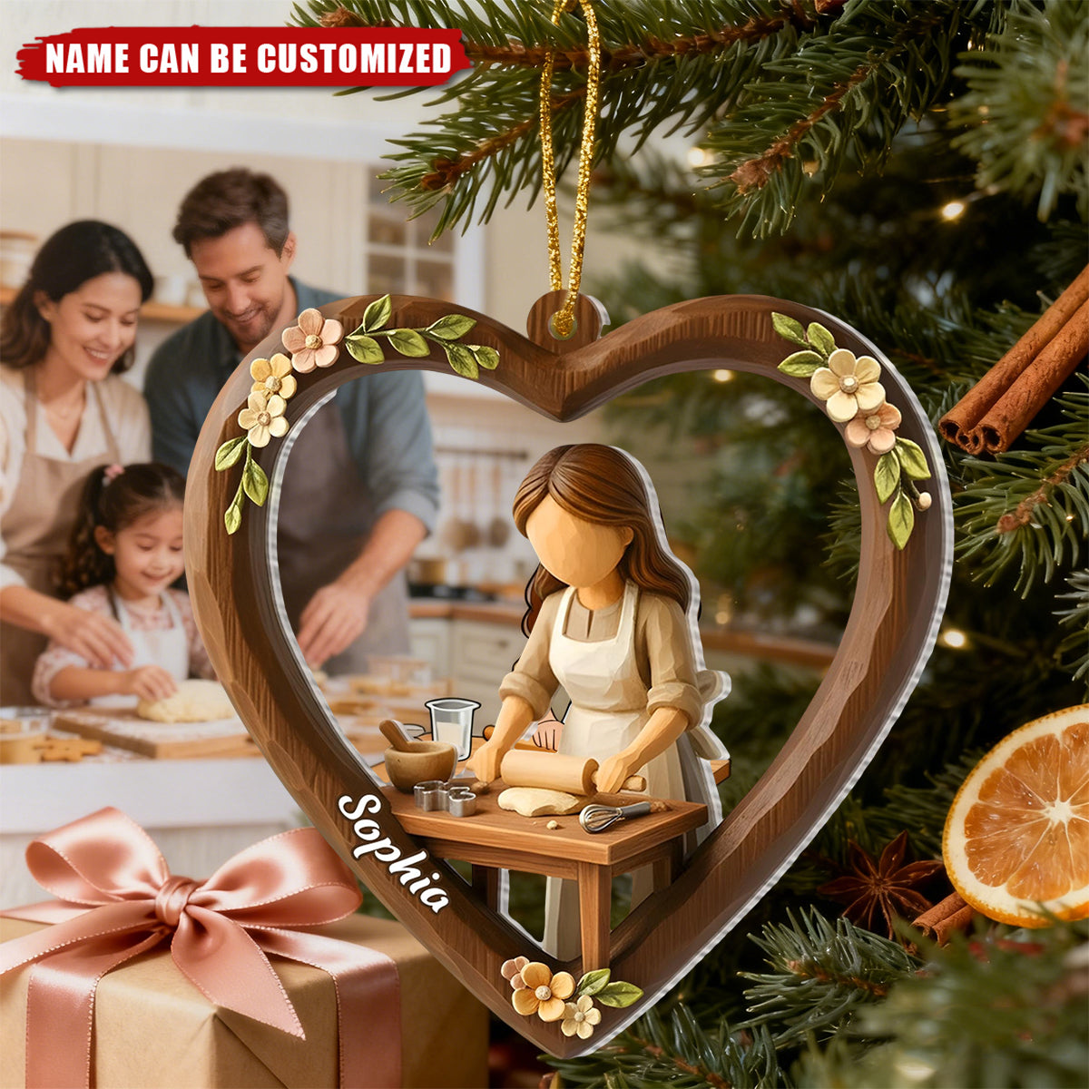 Girl Baking - Personalized Acrylic Heart Ornament, Gift for Baking Lover
