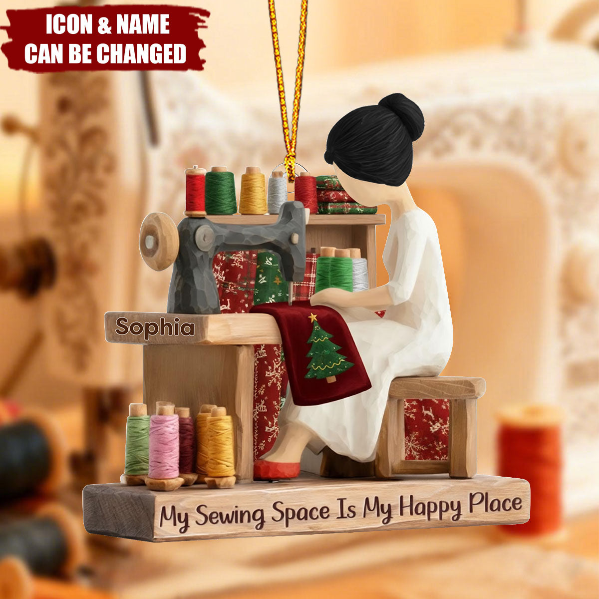 Personalized Sewing Girl Christmas Snow Ornament, Sewing Machine Ornament, Seamstress Gift