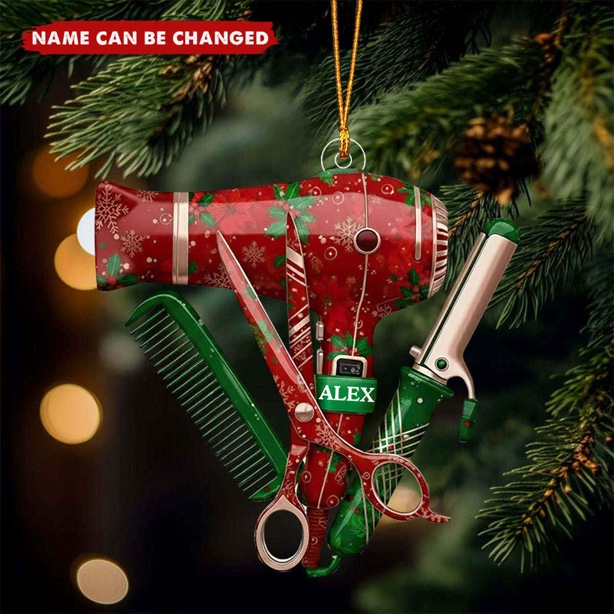 Personalized hairstylist tool christmas ornament, hairdresser barber gift, scissors blow dryer comb salon decor