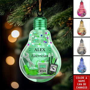 Personalized Light Bulb Ornament, Custom Name Electrician Christmas Gift, Tools Decor, Xmas Keepsake for Electrician