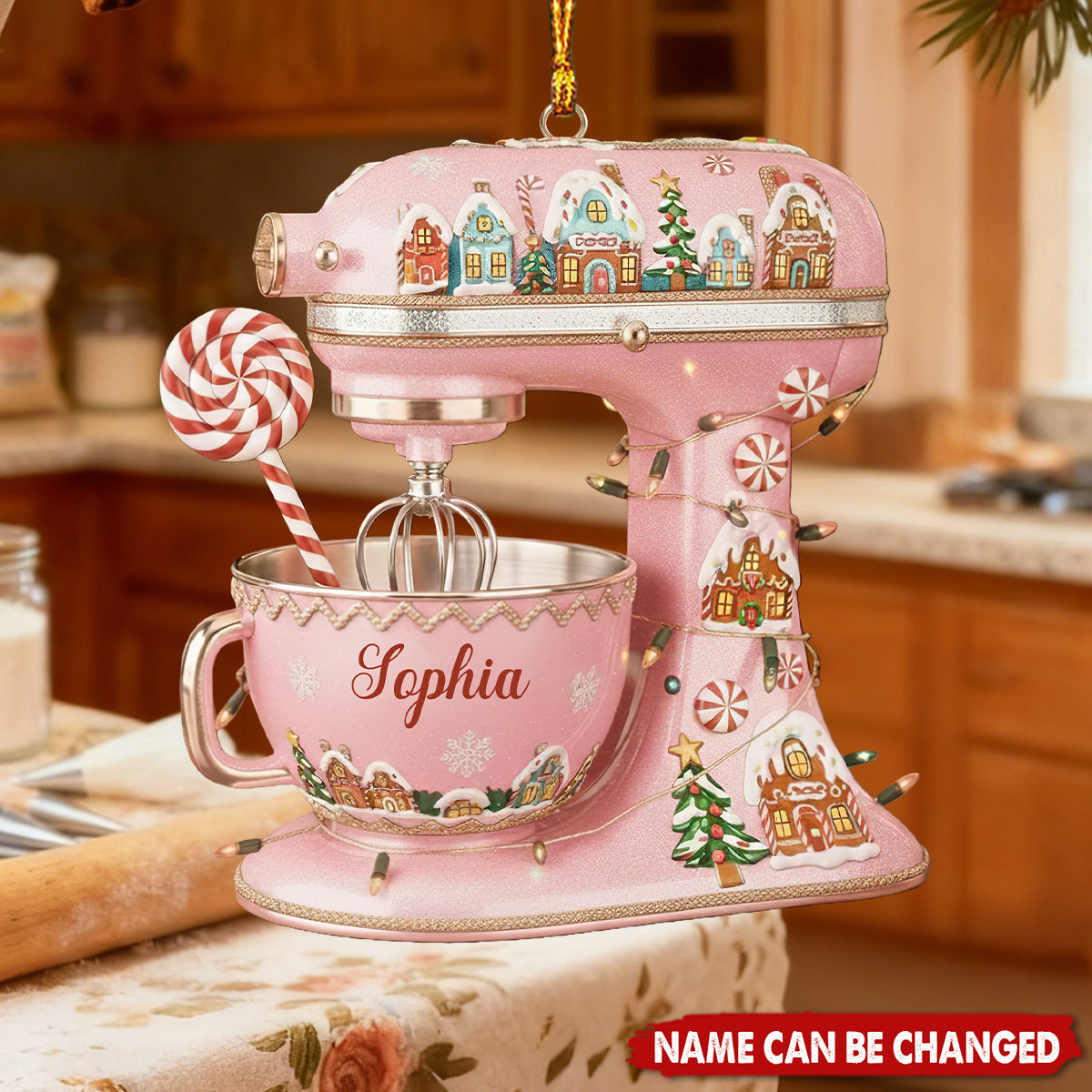 Personalized Pink Stand Mixer Ornament: Gingerbread House Design, Custom Name Baker Gift